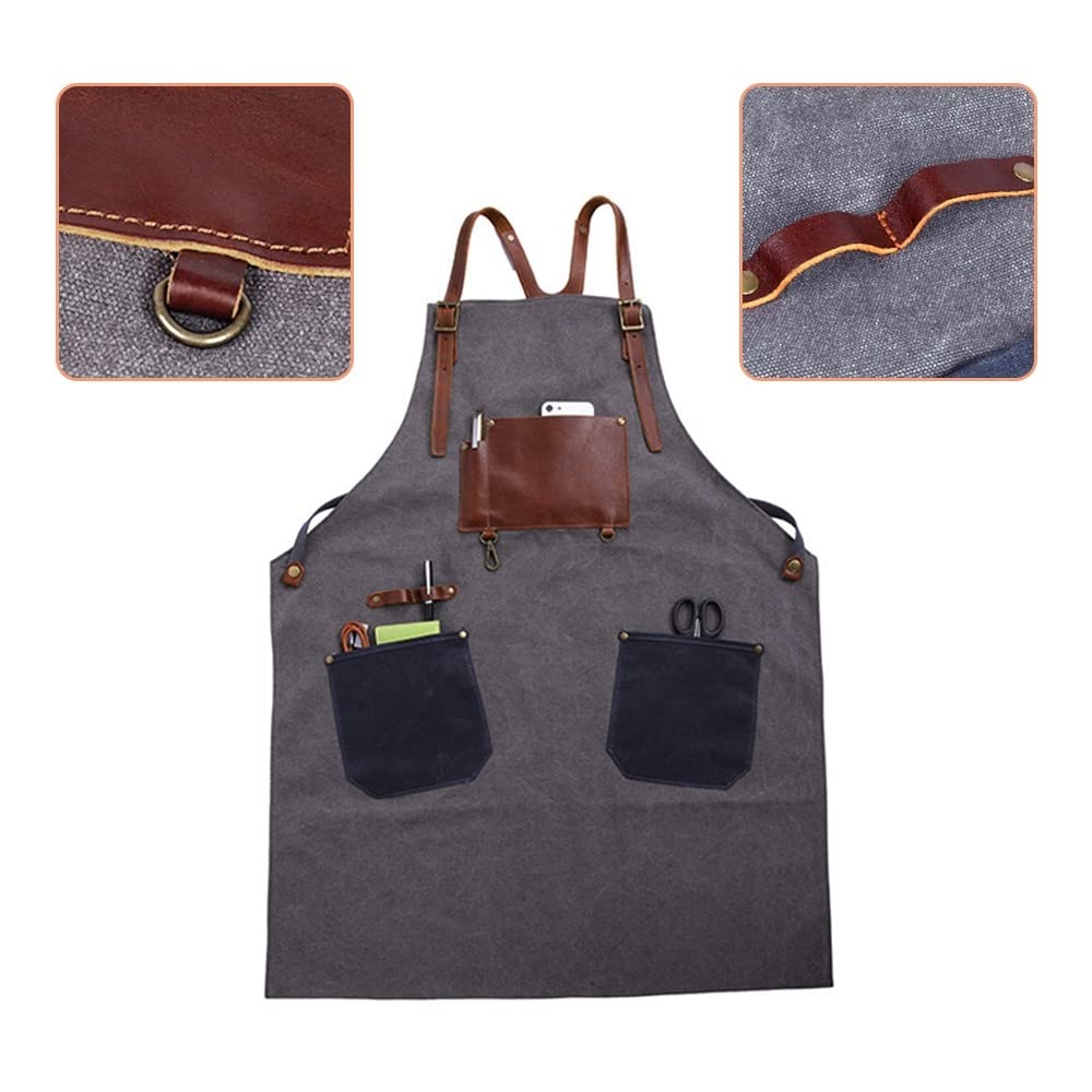 DONGKER Delantal de cocina, delantal de lona, para barbacoa, 16 onzas, delantal de trabajo con 3 bolsillos para hombres y mujeres, barbacoa, cocina