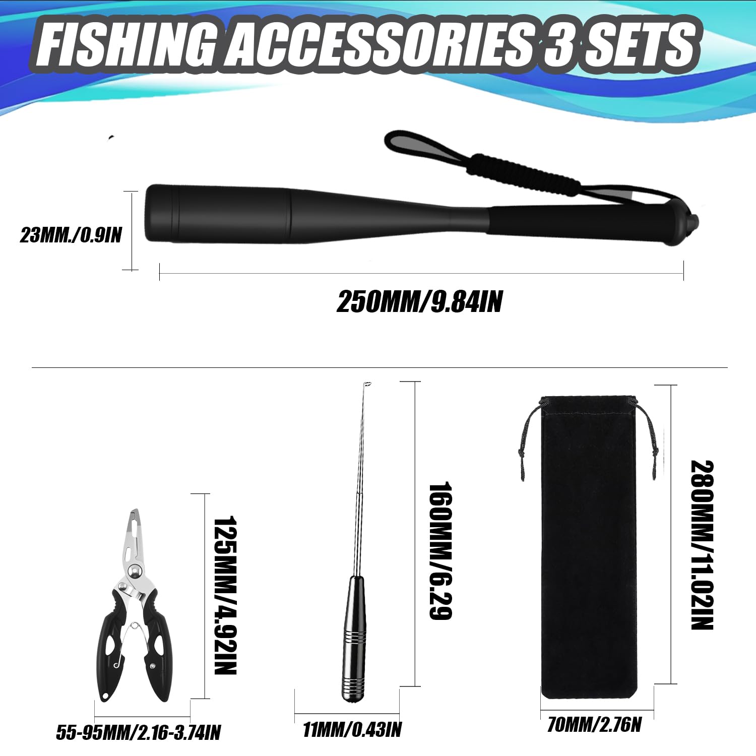 Pesca Accessori Set 3PCS Ammazza Pesci in Alluminio Bastone per Pescare Mazza da Pesca in Alluminio Slamatore Pesca Fishing Tool Set
