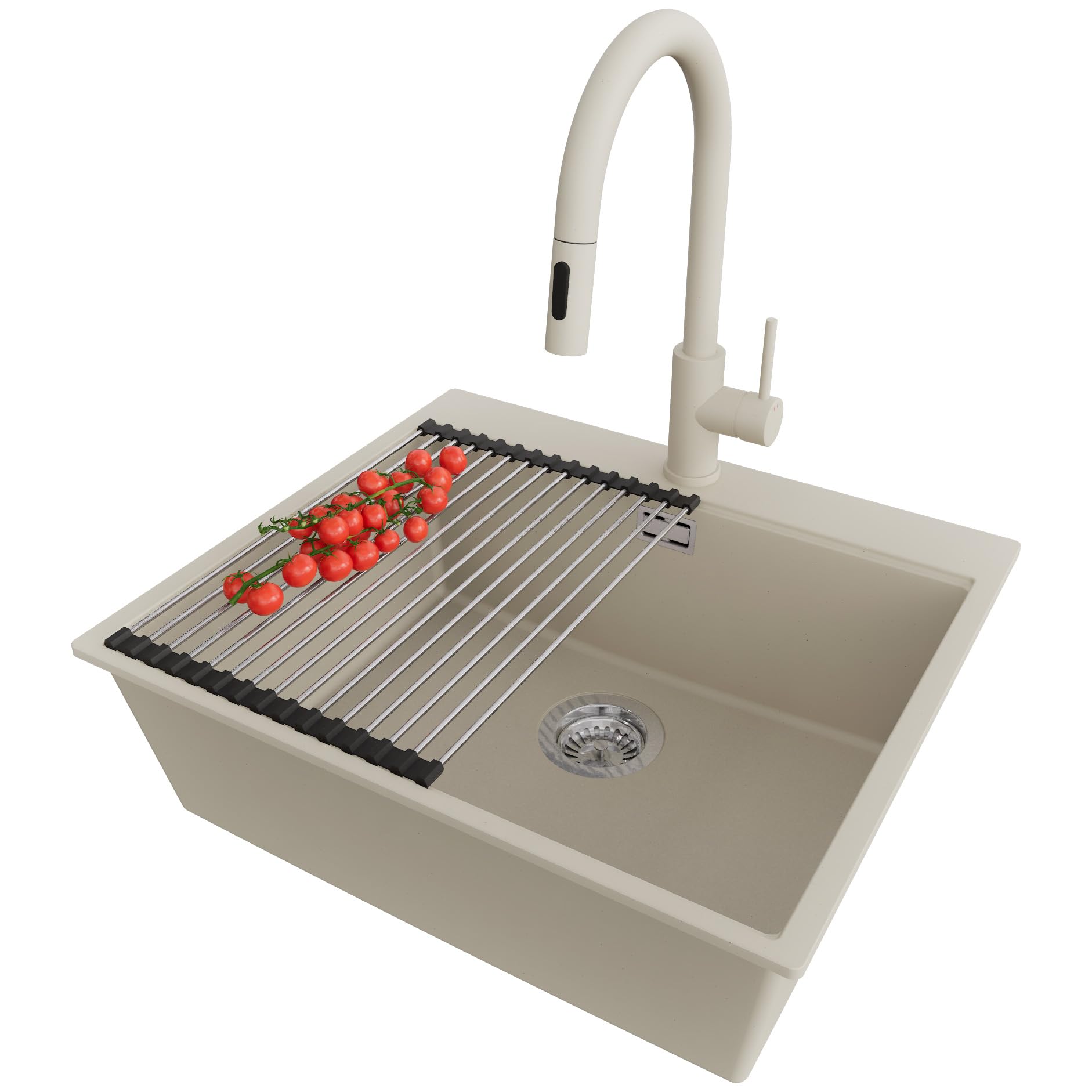 PRIMAGRAN Lavandino da Cucina Beige - Oslo Top, 58x50cm | Lavello in Granito a 1 Vasca + Rubinetto 40x20cm + Zuberhor-Set, Lavabo da Cucina Incasso al Mobile 60cm (S378)