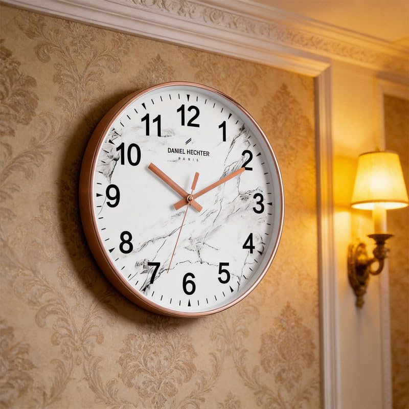 Image of Daniel Hechter Paris Moselle Collection Wall Clock, Silent Sweep Non-Ticking, 12 inch(30cm) HD Glass White Marble Dial, Rose Gold Plastic Frame, Modern Decorative Clock for Home & Office - DHCL1003
