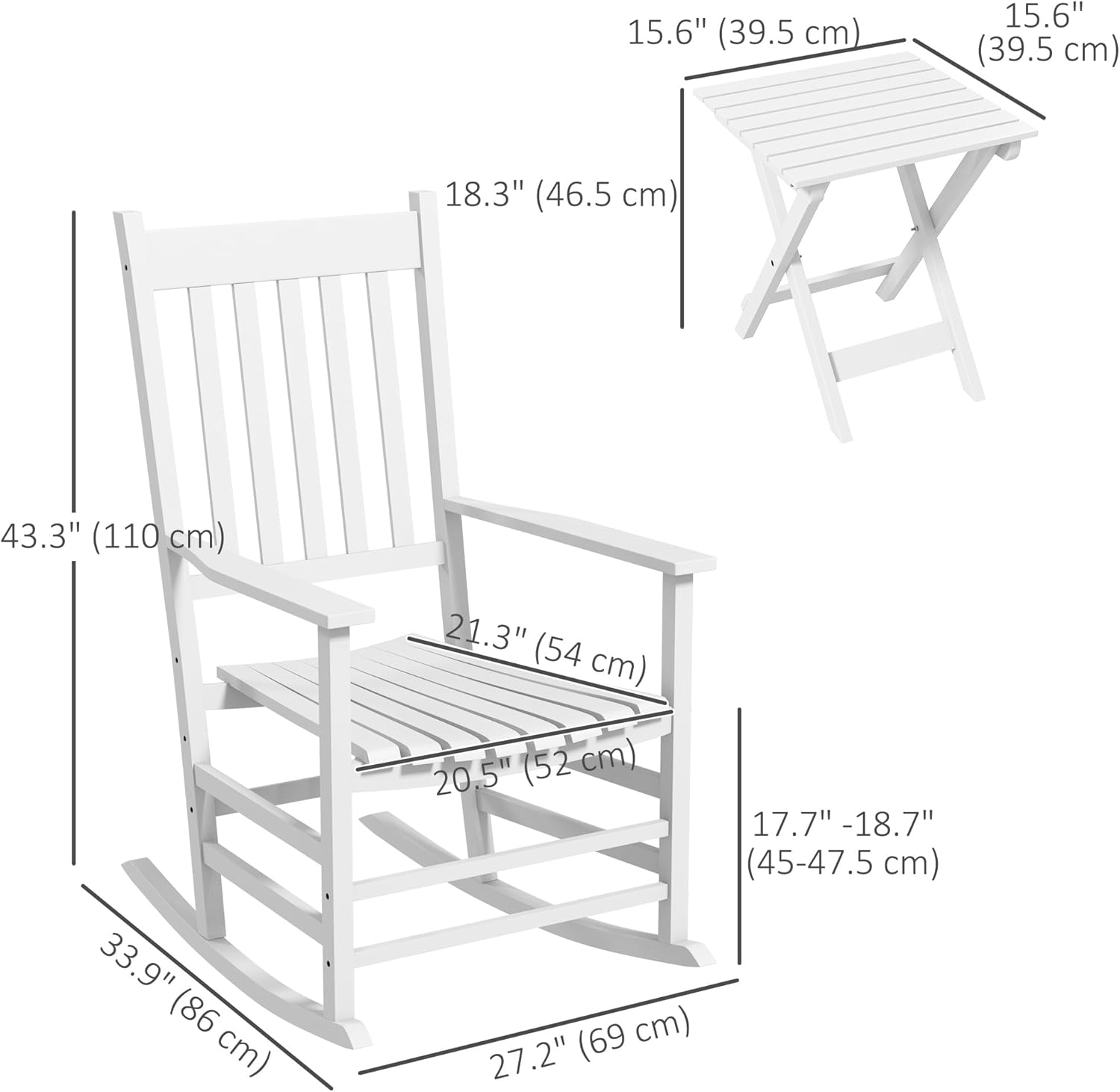 Outsunny Outdoor Rocking Chair Set of 2 with Side Table, Patio Wooden Rocking Chair with Smooth Armrests, High Back for Garden, Balcony, Porch, Supports Up to 352 lbs, White