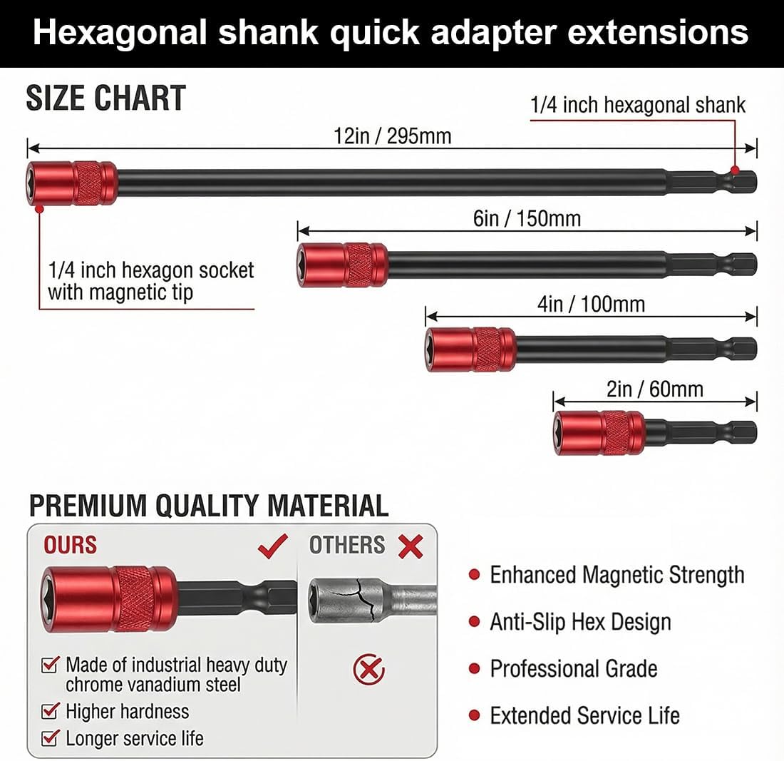 Drill Bit Extension 2/4/6/12’’, Magnetic Bit Holder 4 Pcs, Drill Extension Bit Holder 1/4’’ Hex, Bit Holder for Impact Driver CR-V Steel Quick Release for Screwdriver Bit Nut Drill Socket