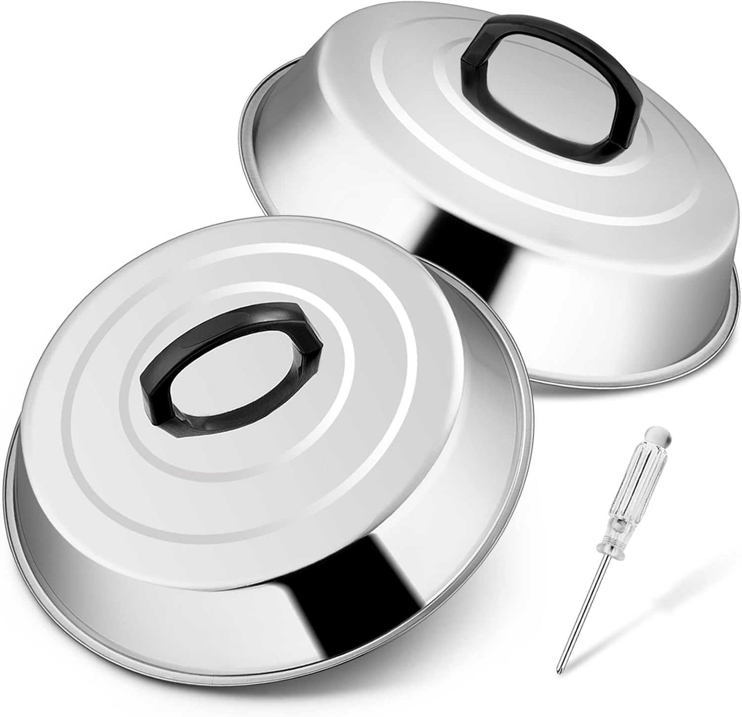 12 Inch Cheese Melting Dome Set of 2, Joyfair Basting Cover for Griddle Grilling Outdoor Camping/Flat Top Teppanyaki, Stainless Steel Lids with Heat-Proof Handle, Dishwasher Safe (No Thermometer)