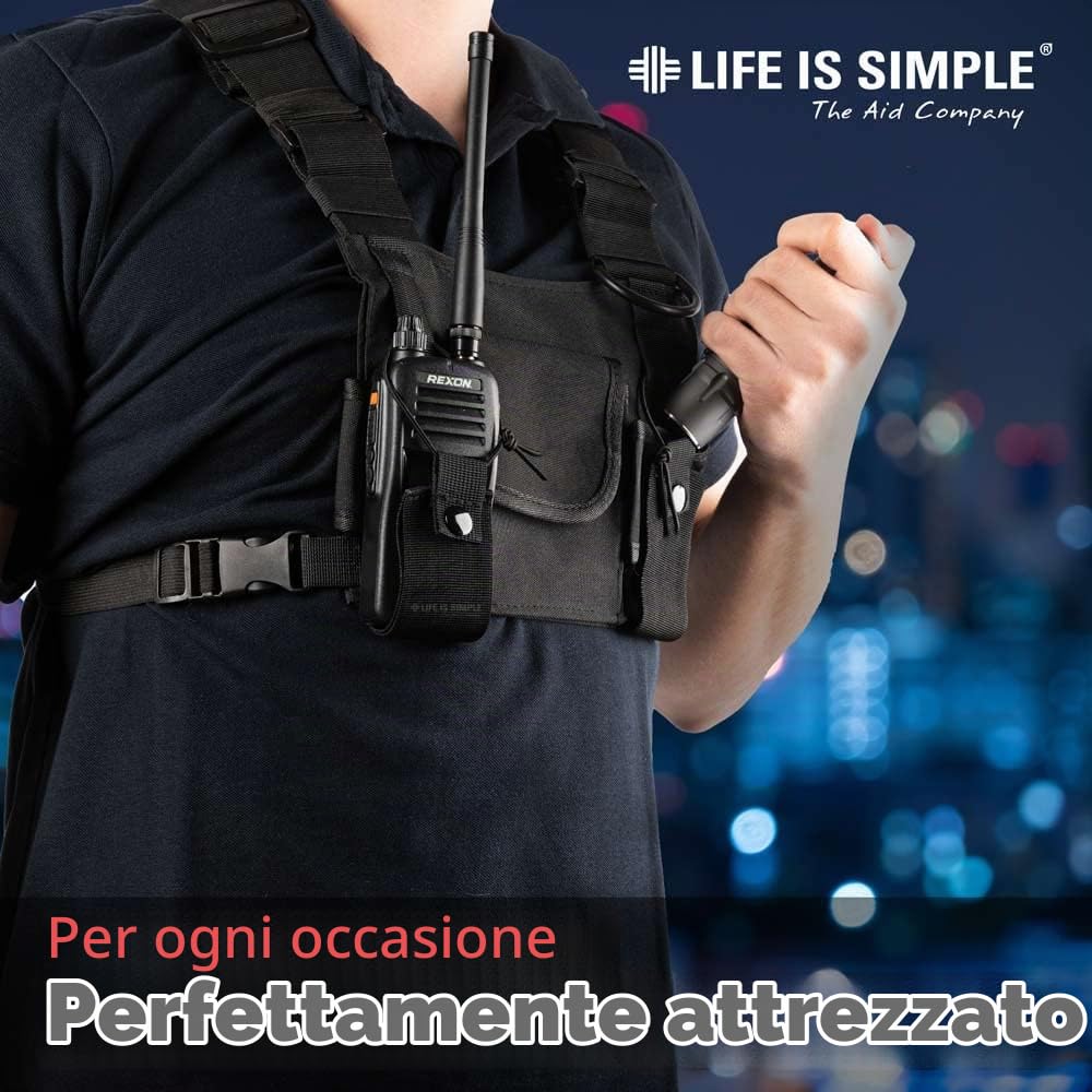 LIFE IS SIMPLE Tasca sul petto per radio con riflettori, pettorina con 4 tasche, adatta come tasca per dispositivi radio o come radio, cintura sul petto, tasca sul petto, dimensioni regolabili