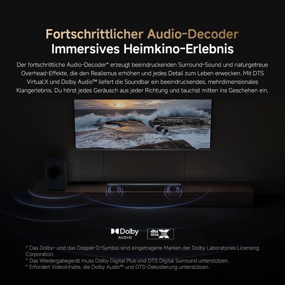 XIAOMI Soundbar Pro 2.1ch, TV-Soundbar 300W Max., kraftvoller Bass mit externem kabellosem Subwoofer, unterstützt Dolby Audio™ & DTS Virtual:X, HDMI ARC/Optisch/Koaxial/Bluetooth, Fernbedienung