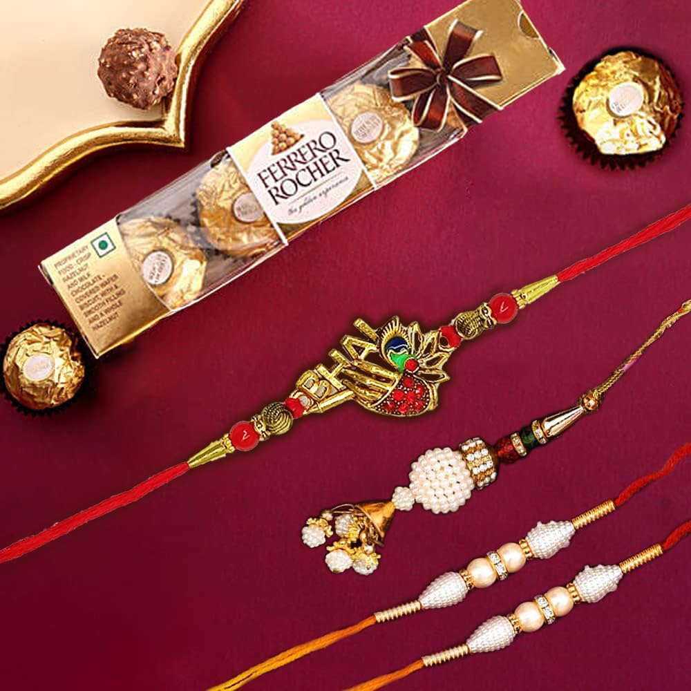 CraftVatika Rakhi Set of 4 for Brother and Bhabhi Kids with Chocolate Gift Hamper, Rakhi with Ferrero Rocher Chocolate, Krishna Lumba Pearl Rakhi for Bhai Kids Bhaiya, (B0B6FYLT9M) Amazon Price History, Amazon Price Tracker