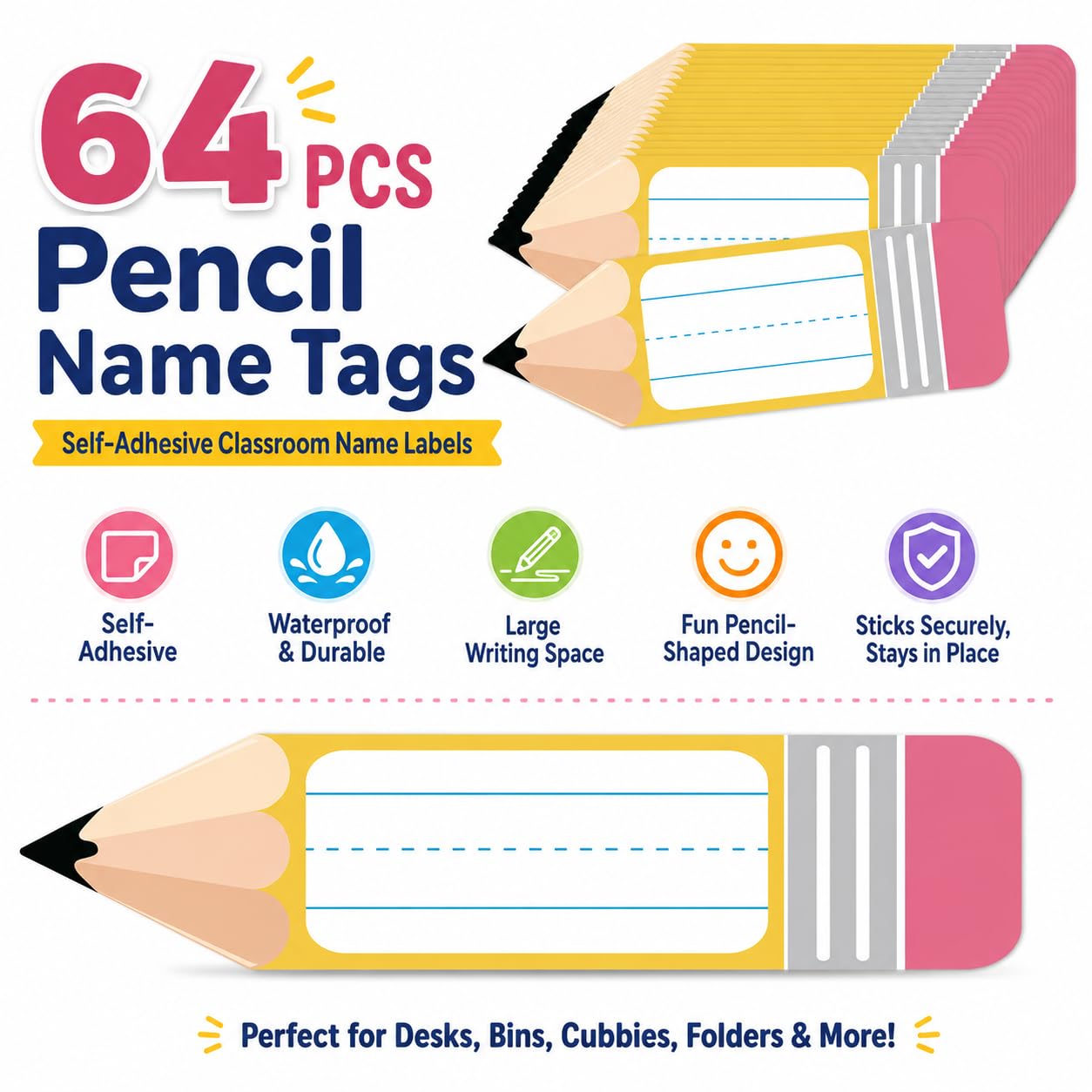 64 étiquettes de nom de crayon, étiquettes d'ordinateur pour retour