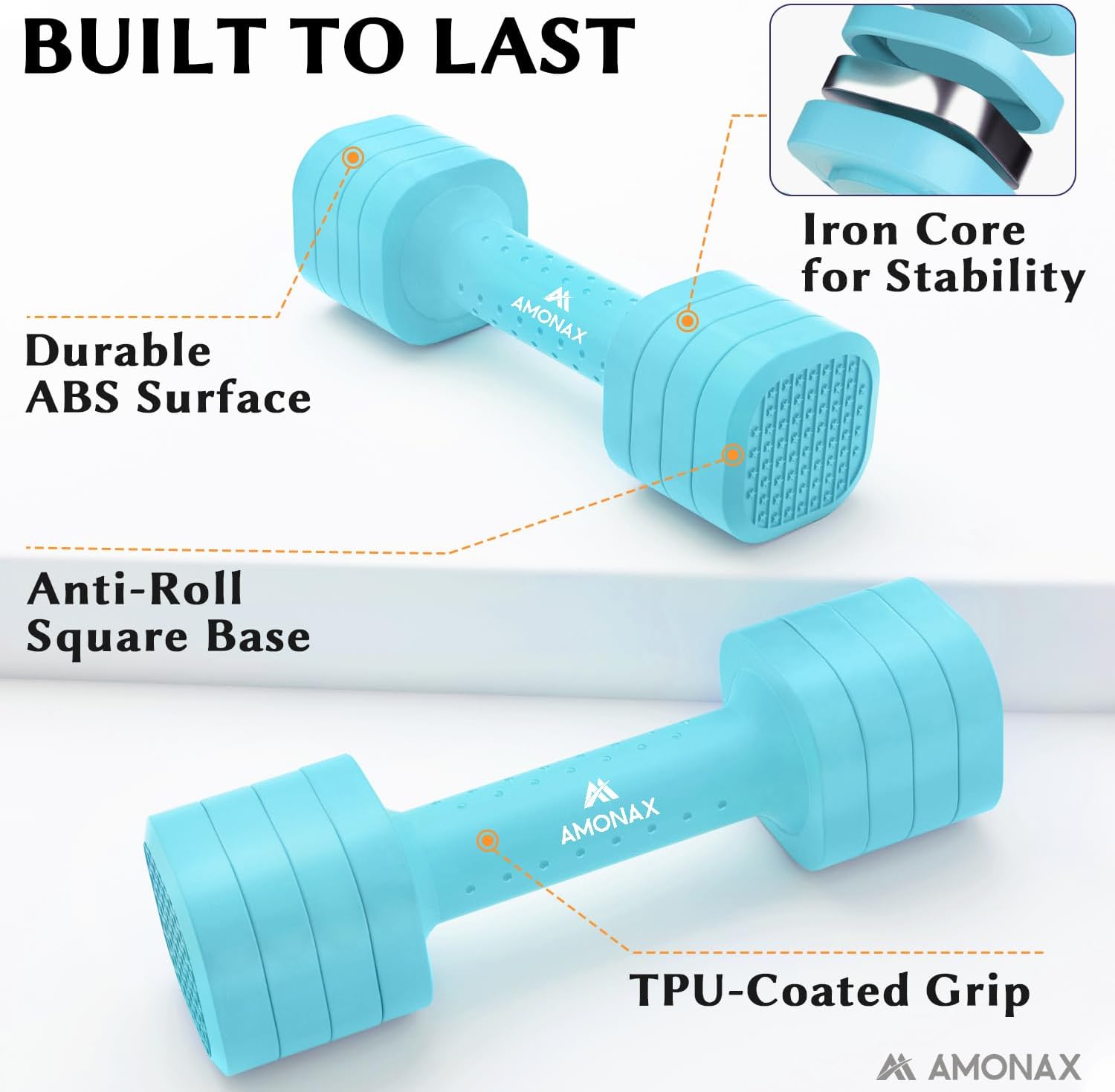 Diagram illustrating the four adjustable weight settings for the Amonax Dumbbells in both pounds and kilograms.