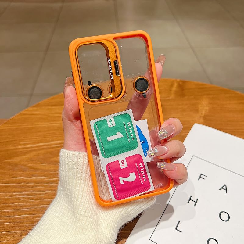 Image of Clear Case for Samsung Galaxy S25 Plus | Metal Lens Protector & 180 Rotating Bracket | Shockproof Transparent Hard Back Cover with Soft TPU Frame - Orange