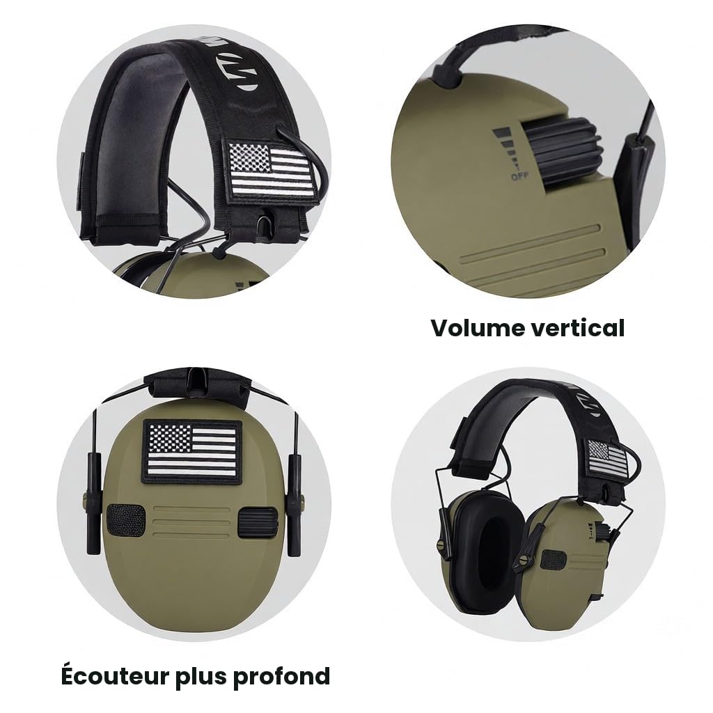 Casque antibruit actif pour la chasse – Écouteurs électroniques avec réduction du bruit – Casque pliable avec microphones directionnels – Arceau réglable – Prise externe