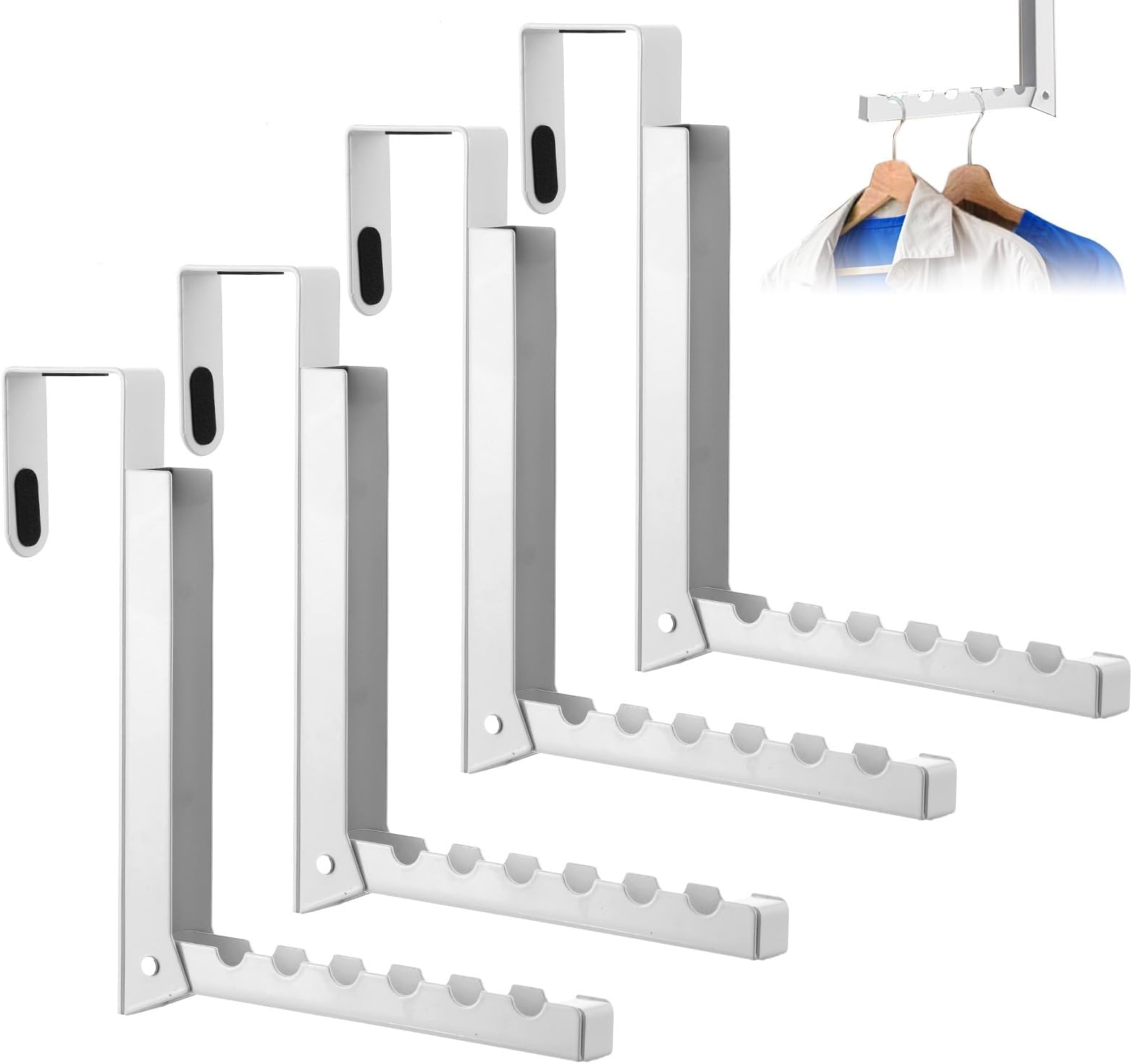 4 Pack Over The Door Hanger Hooks, Foldable 6 Grooves Drying Rack, Portable Storage Organizer Heavy Duty Hook for Clothes, Coats, Towels, White