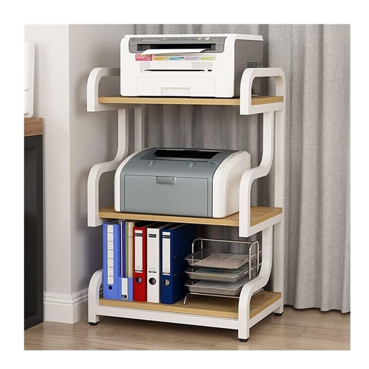 Porta Stampante, Supporto per Stampante in Legno A 3 Livelli Organizzatore per Mensola per Stampante da Terra Telaio in Metallo per Ufficio File Scanner per Fax Mobiletto Porta Stampante(D)