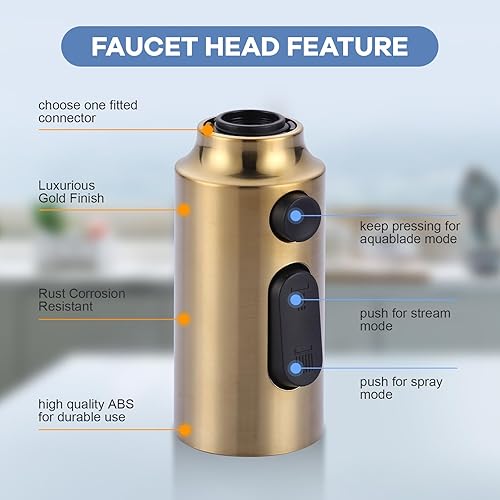 Miniatura 6 de iVIGA Cabezal de repuesto para grifo abatible, boquilla de cabezal rociador extraíble de 3 funciones dorada con 9 adaptadores para grifo de