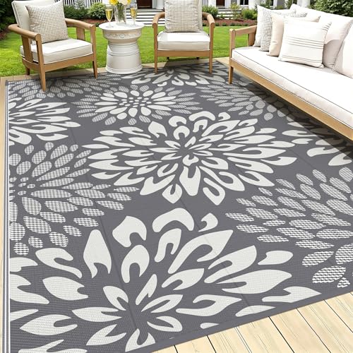 HEBE Waterproof Outdoor Rug 8x10 for Patios, Floral Reversible Plastic Straw Rug Patio Mat, Indoor Outdoor Carpet RV Mat Camping Rug for Deck, Camper, Porch, Balcony, Backyard, Picnic