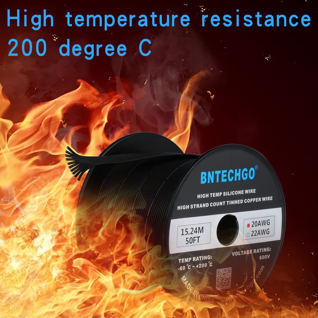 BNTECHGO Cable de cinta de silicona de calibre 20 flexible 10P negro de 50 pies, cable plano de 20 AWG trenzado de cobre estañado