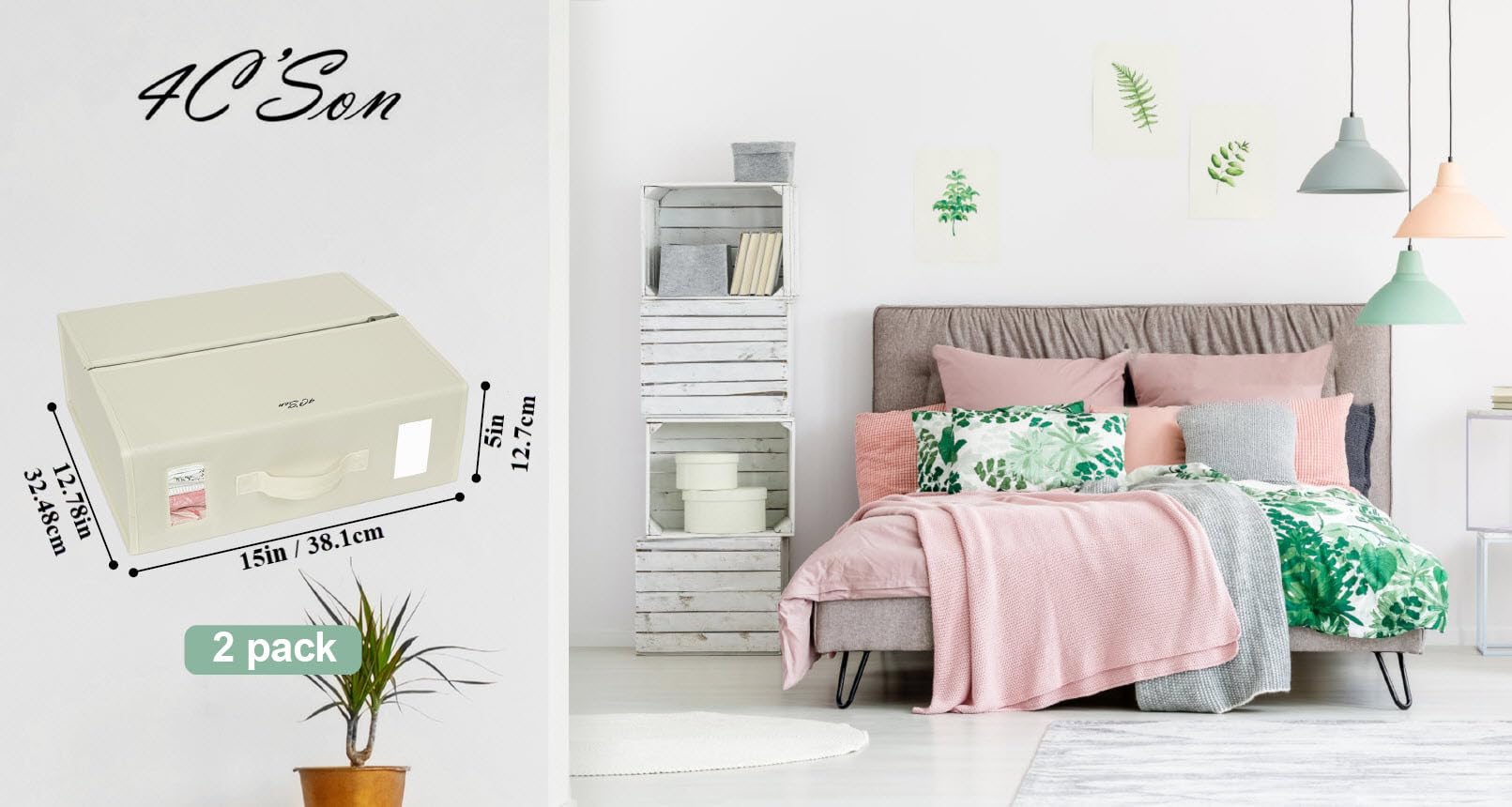 4C'Son Foldable DOUBLE ZIPPERS Bed Sheet Organizer, Fabric Storage Bins for Bed Sheets, Linen Bedding Organizer for Closet with Window and EXTRA STURDY handle (4 PACK - IVORY)