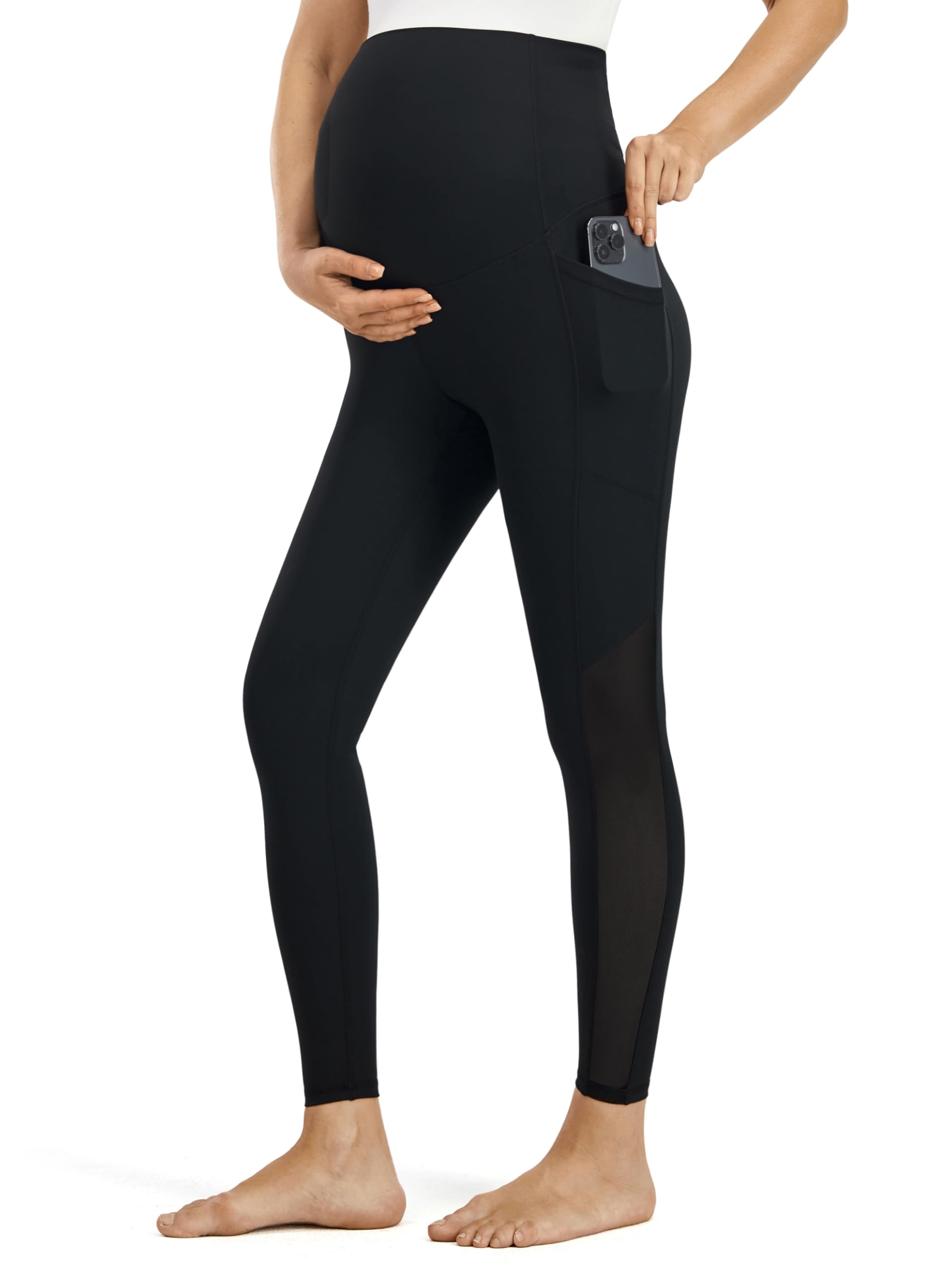JOYSPELS Smooth Feeling Maternity Leggings Mesh Pregnancy Pants Over The Belly with Pockets