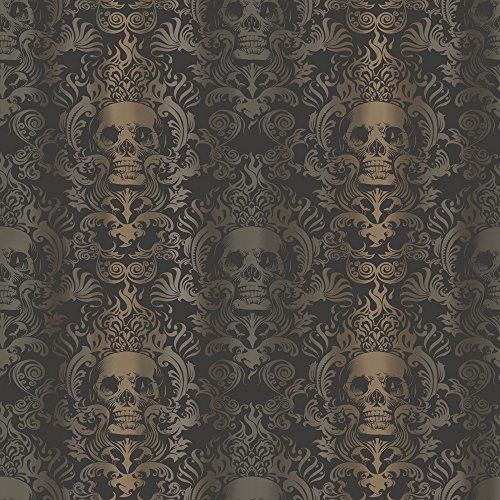 Beacon House TOT47111 Luther Sand Skull Modern Damask Wallpaper, Black
