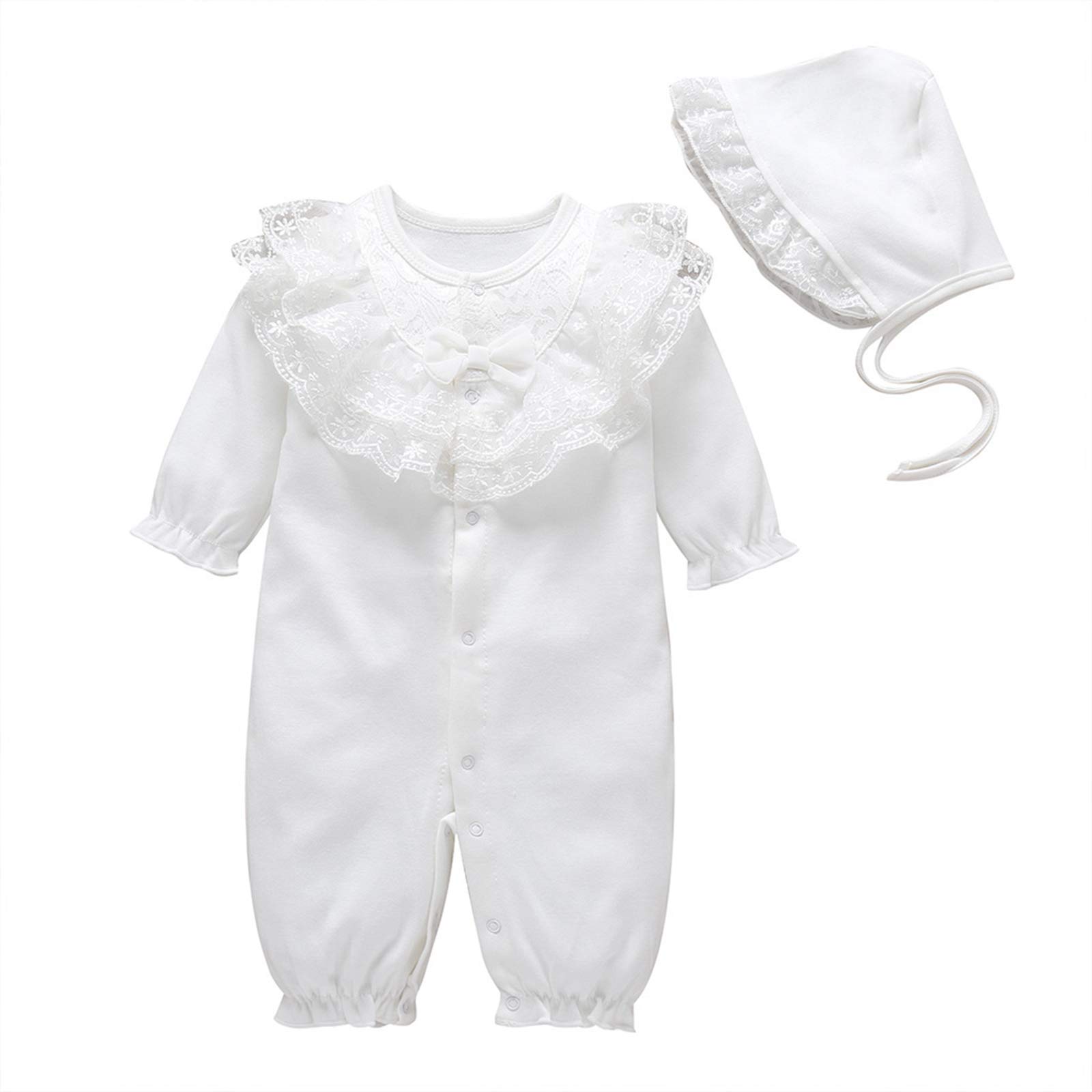 amropi Bambina Ragazze Cotone Pagliaccetto Manica Lunga Tutine Merletto Collare Jumpsuit + Ccappello 0-12 Mesi