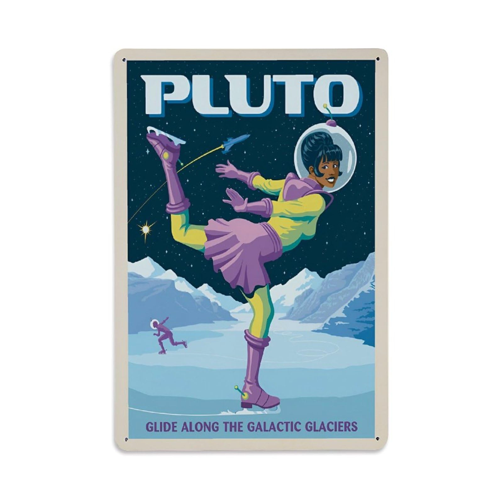 Vintage Space Poster Pluto Ice Skating Metal Tin Sign Wall Decor for Cafe, Club, Garden Metal Poster 8x12Inch