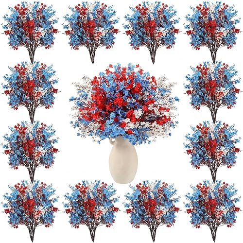 Lyrow 48 Pcs Red Blue White Patriotic Artificial Flowers 4th