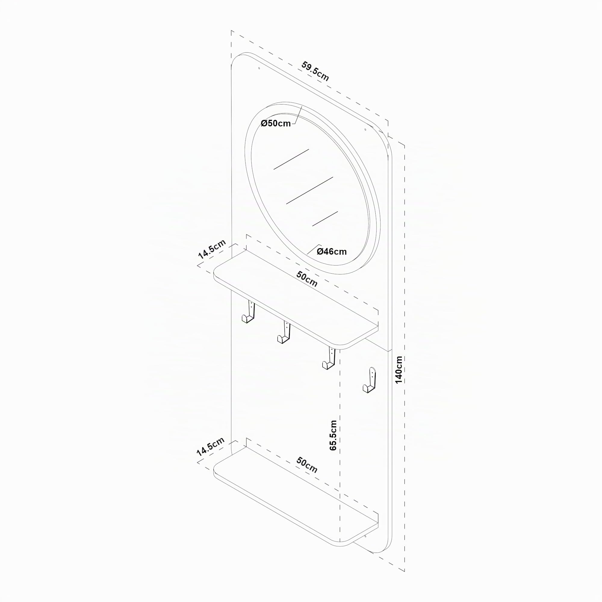 [en.casa] Perchero Panel Helsinge con Espejo Perchero de Pared con 4 Ganchos y 2 Estantes para Entrada Pasillo Oficina Aglomerado Metal 140x60x16 cm - Negro Mate
