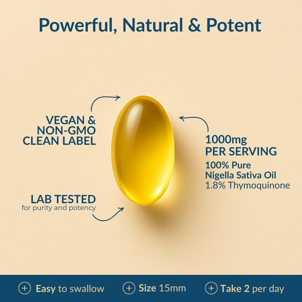 Black Seed Oil 1000mg Softgels – Cold-Pressed Nigella Sativa-1.8% Thymoquinone, Traditionally Used for Lung, Respiratory & Antioxidant Support* 60 Vegan Capsules, Non-GMO, Gluten-Free - Image 2