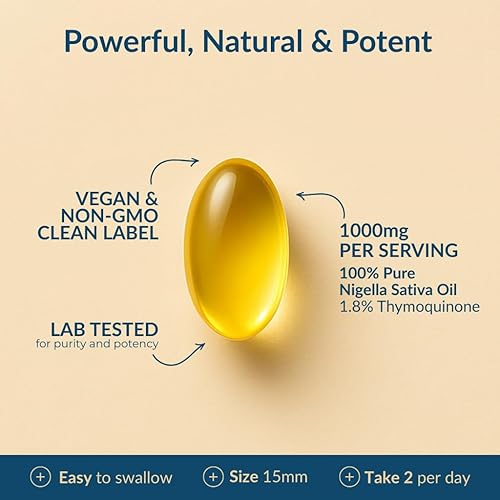 Miniatura 2 de AROMAVITA Aceite de semilla negra de 1000 mg cápsulas blandas  Nigella sativa prensada en frío (semillas de comino negro) con 1.8% de timoquinona,