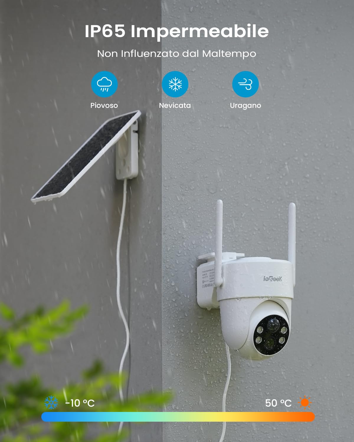 ieGeek 2K Telecamera Wi-Fi Esterno con Pannello Solare, Installazione Flessibile, 355°P 90°T, 5000 mAh, Rilevamento Umano PIR e Allarme, Visione Notturna a Colori, Audio Bidirezionale, IP65, S5