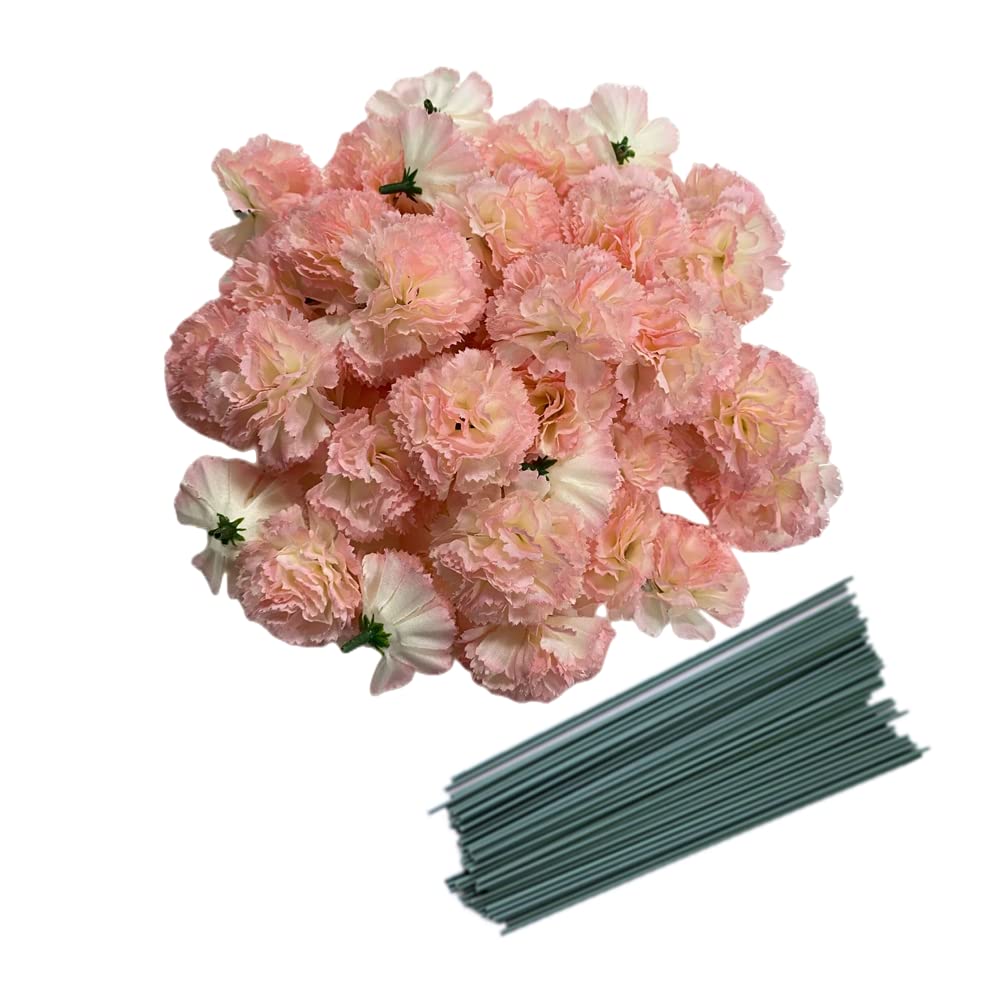 Rikyo Light Pink 50 Artificial Silk Carnation Flower Head With Stems,Vase Fillers,Marigold Flower Heads For Diwali Decor Day Of The Dead Wreath Garland Cake Ornaments,2" Petals Heads&8" Stems (Light Pink)