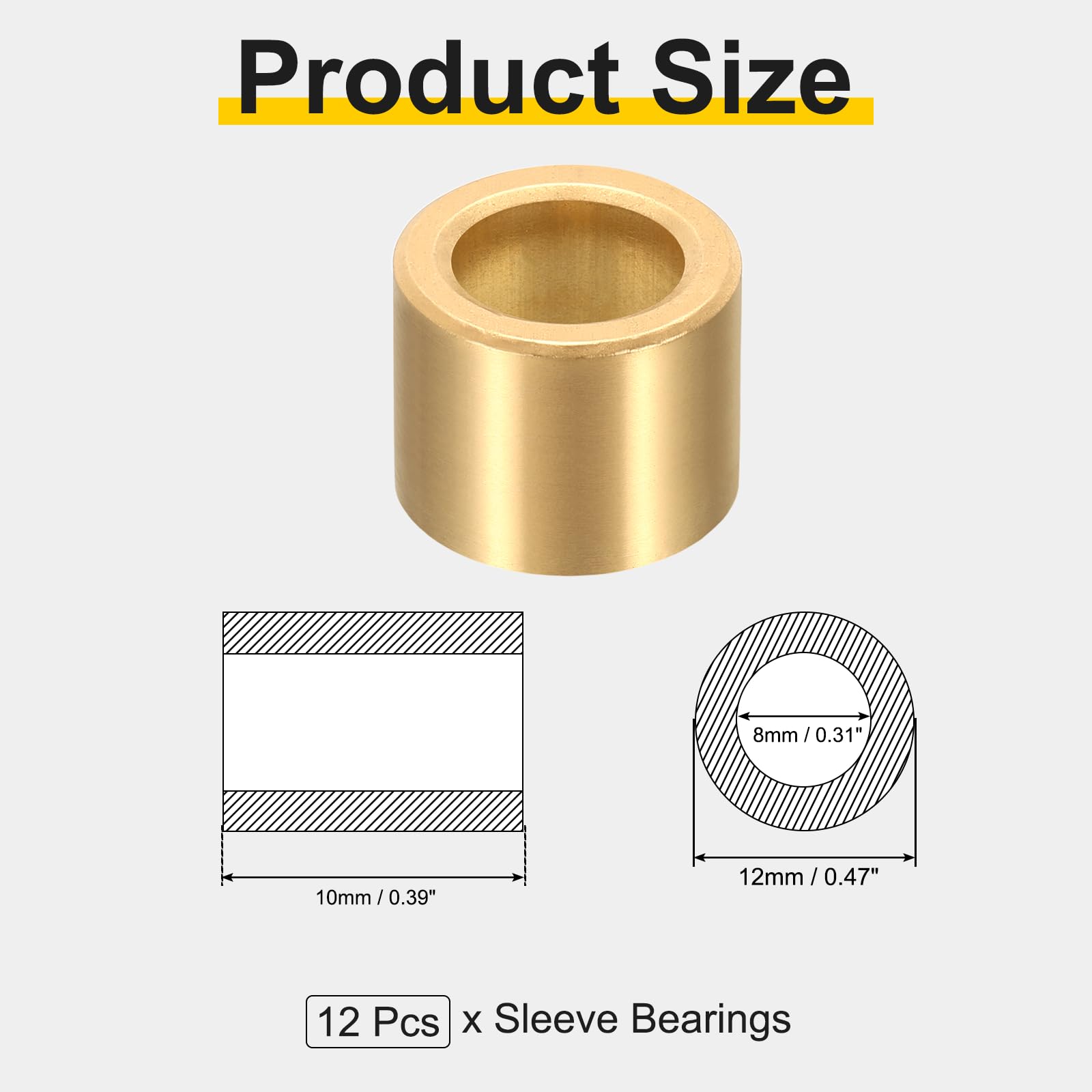 sourcing map Lot de 12 roulements à douille, alésage de 8 mm x 12 mm de diamètre extérieur x 10 mm de longueur, bagues auto-lubrifiantes en bronze fritté