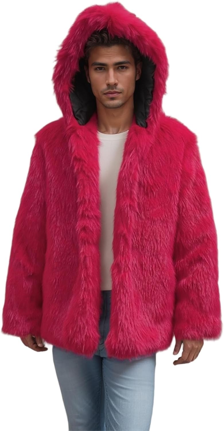 Colf Men's Winter Long Sleeve Faux Fur Coat Jacket with Hooded Fluffy Overcoat Outerwear