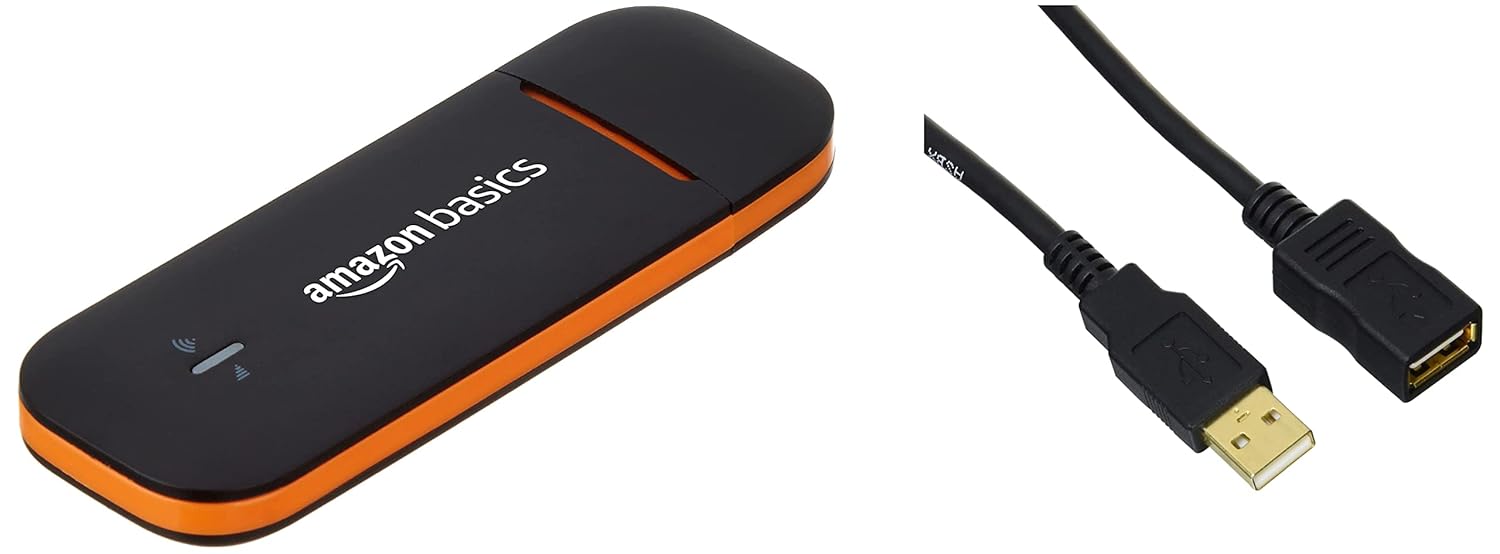 amazon basics 4G LTE WiFi USB Dongle Stick with All SIM Support | Plug & Play Data Card with up to 150Mbps Data Speed, Hotspot for 10 People, Black & USB 2.0 Extension Cable – A-Male to A-Female