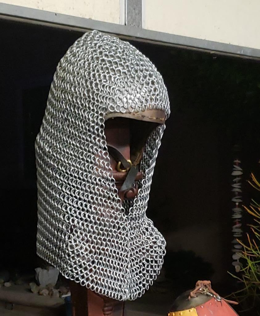 Chainmail Coif Aluminum Hood V-Neck Chain Mail Armor Hood Functional Medieval Cosplay Prop Costume Armour Reenactment Head Protector 10MM Butted Rings Wearable Adult Size (Anodized)
