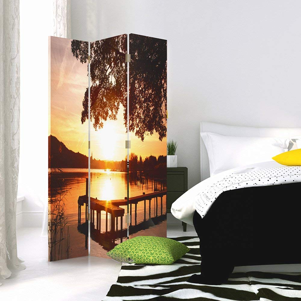 Feeby Paravent Port 3 Panneaux lac 110x180 cm Une Seule Côté Cloison de séparation Écran Pliant Foto Paravent Interieur Décoratif Mur Espagnol Impression sur Toile Chambre d'enfant Salon Bureau Jaune