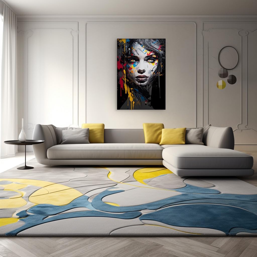 Canvas for Living Room. Vivid Strokes on Midnight Canvas: A Colorful Odyssey Across a Woman's Visage, 27 x 18 inch Canvas Wall Art - Contemporary Masterpieces - Modern Home Decor