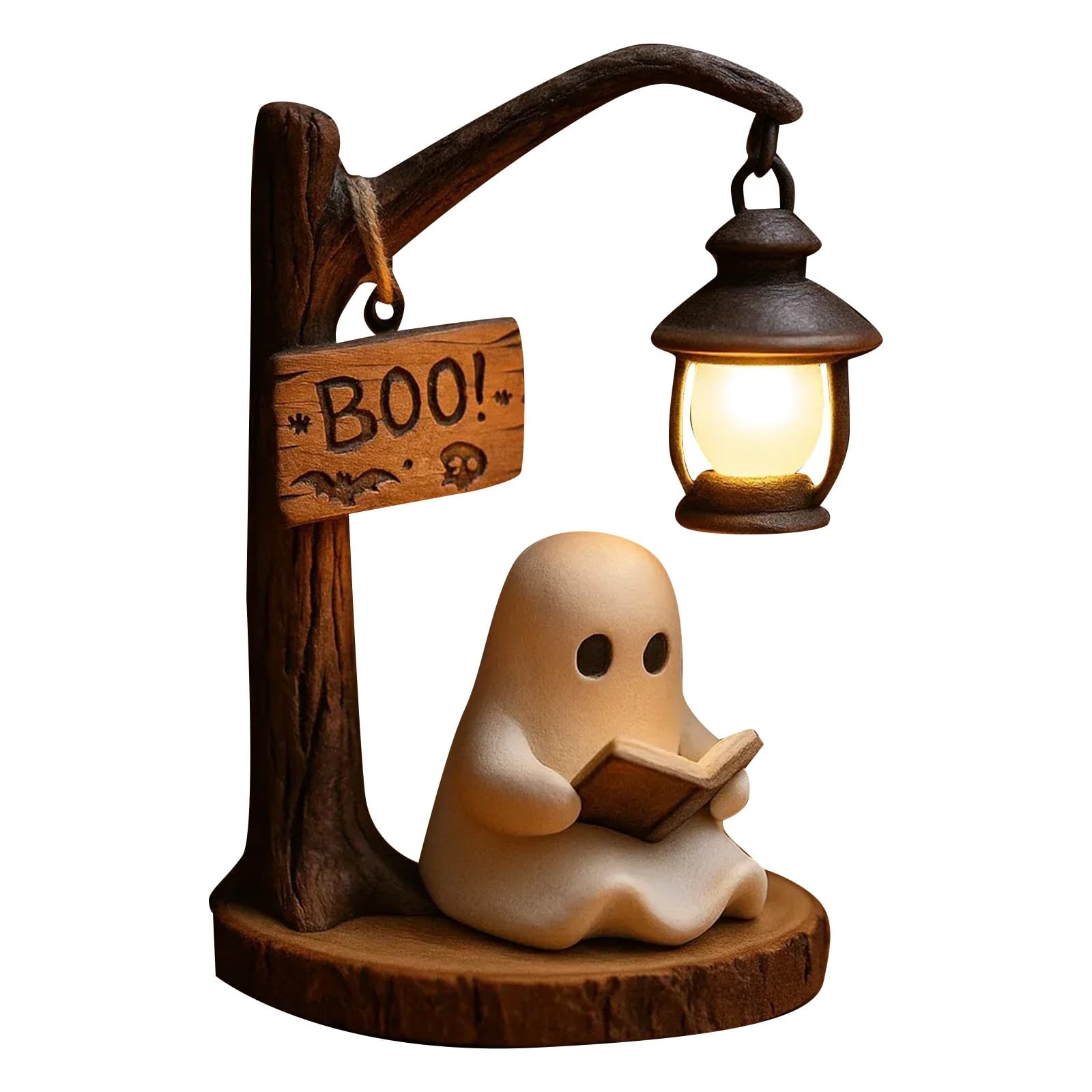 Cute Ghost Reading Lantern,Ghost Reading Book Lamp,3D Resin Halloween Ghosts Night Light Ghosts Warm Light Indoor Reading Lamp Glowing Halloween Ghost Decors for Desks Mantel (1, Brown)