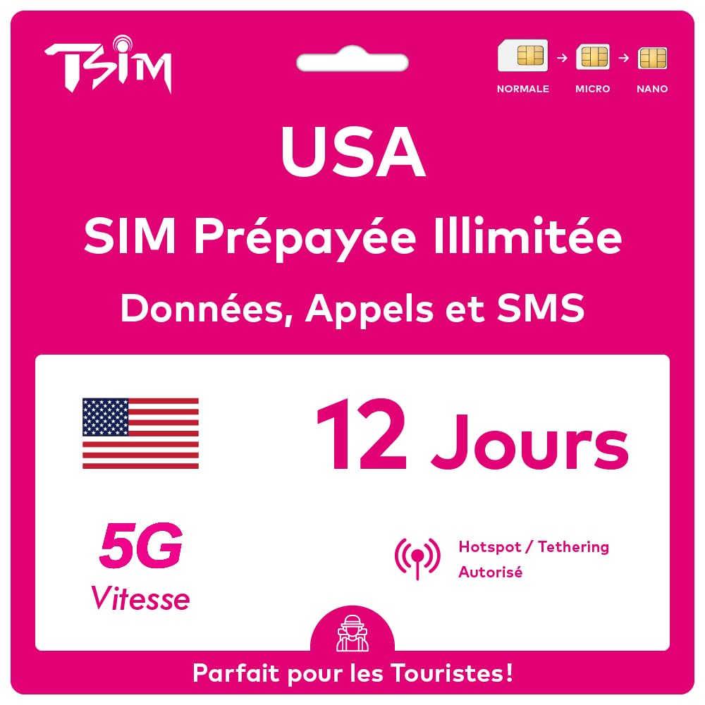 Carte SIM USA 12 Jours. Réseau T-Mobile avec données illimitées à Haute Vitesse en 5G/4G/LTE | Appels et SMS locaux illimités aux USA (Hawaï Inclus). Carte SIM 5G !