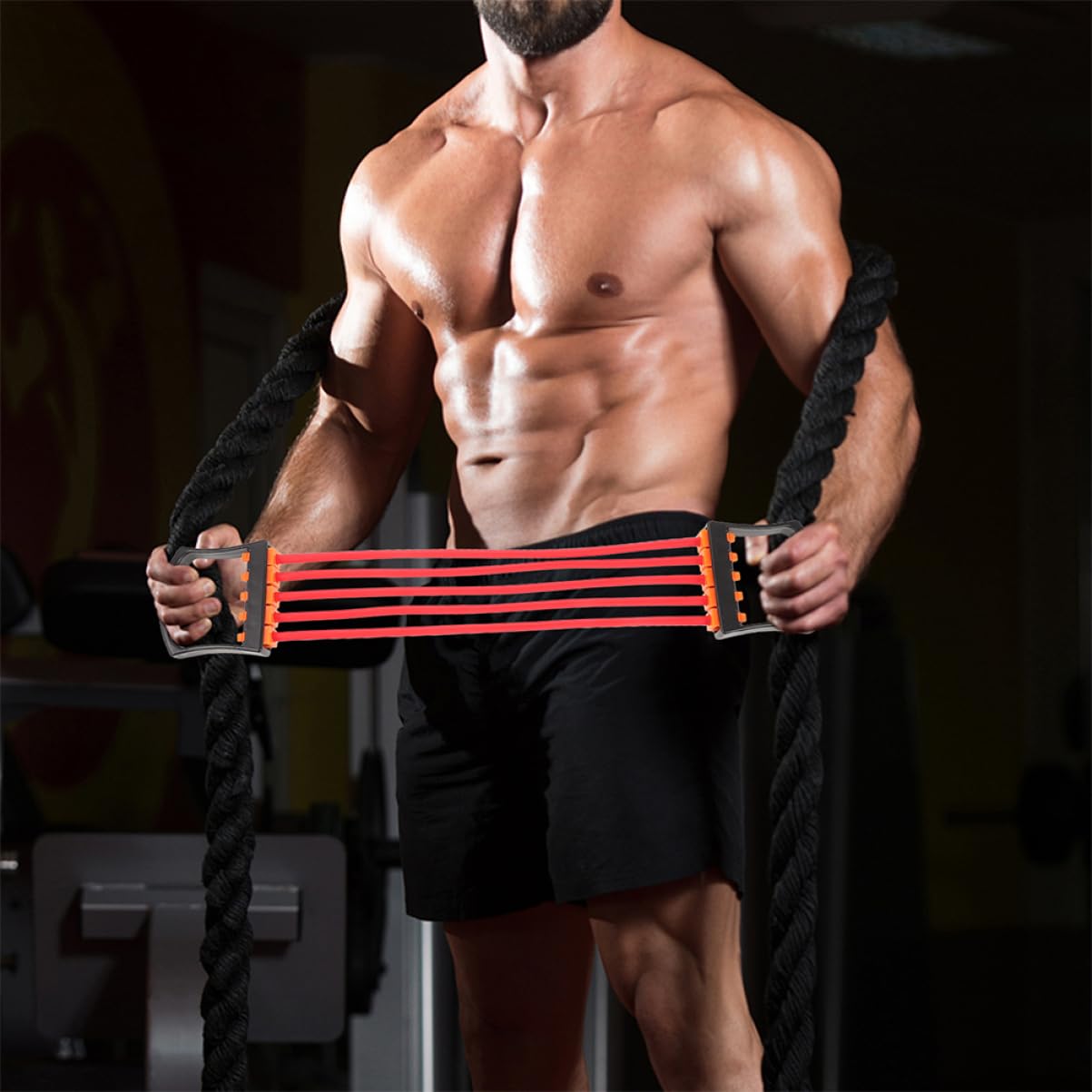 Chest Expander 2 Pezzi Corda Elastica Tpe per Allenamento | Bicipiti e Tricipiti, Uso Domestico, Portatile, 6x9x45cm, Nero e Rosso