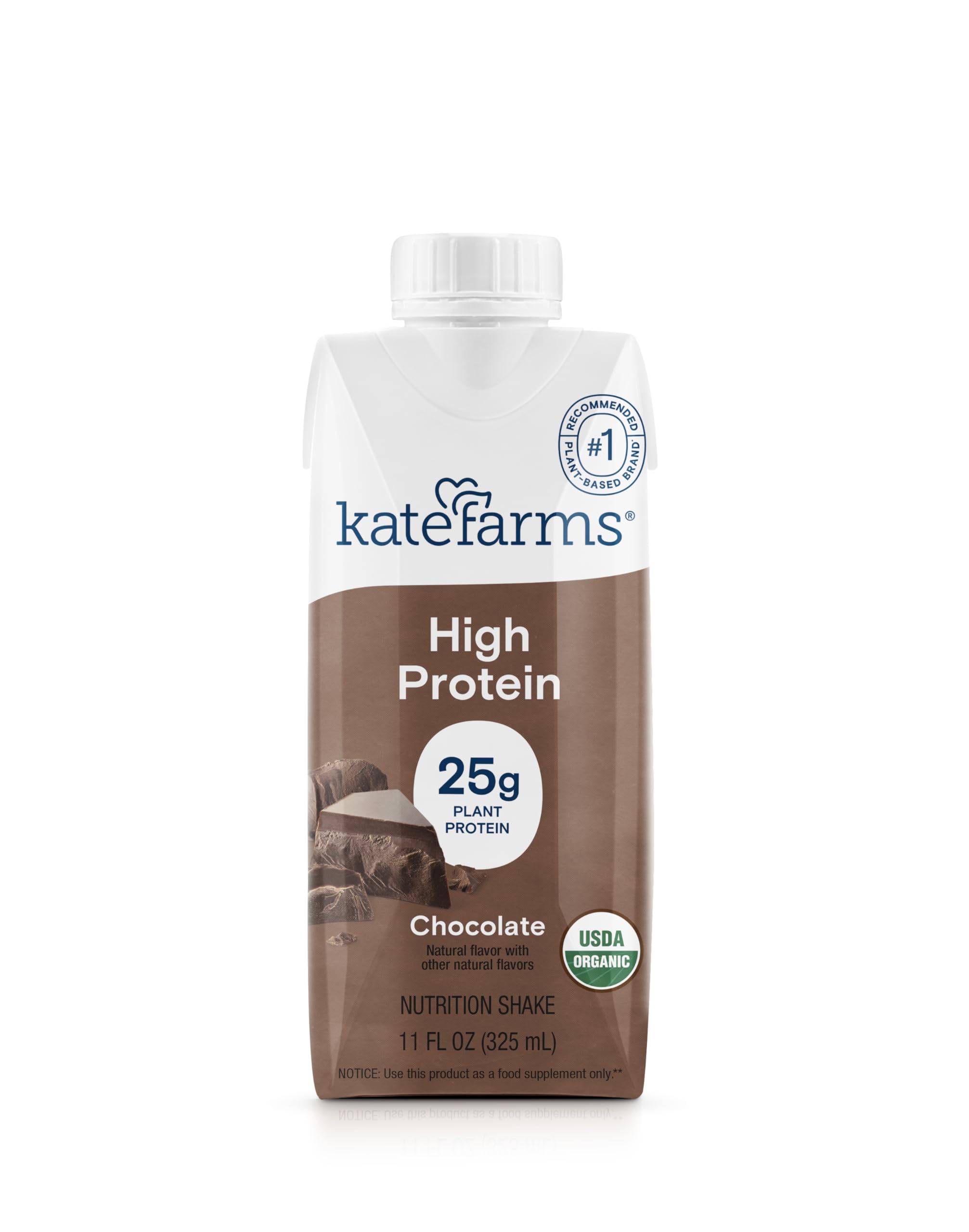 KATE FARMS Organic High Protein Chocolate Nutrition Shake, 25g Protein, 6g Fiber, 27 Vitamins and Minerals, 0g Sugar, Protein Drink, 11 oz Bottle
