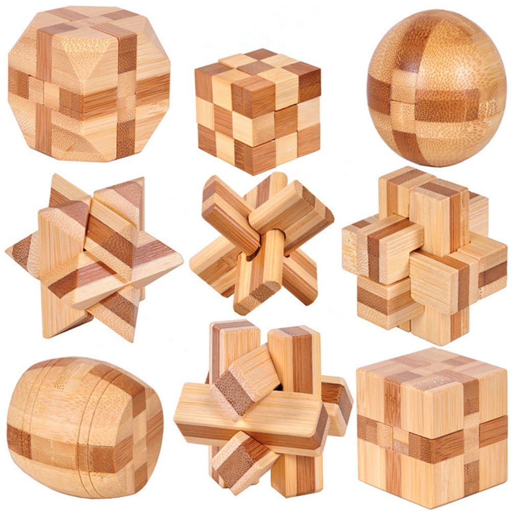 Chonor 9pcs Premium 3D Wooden Brain Teaser Puzzles Set - Classical Interlocking Jigsaw Cube Game for Kids and Adults - Gift and Decoration Idea