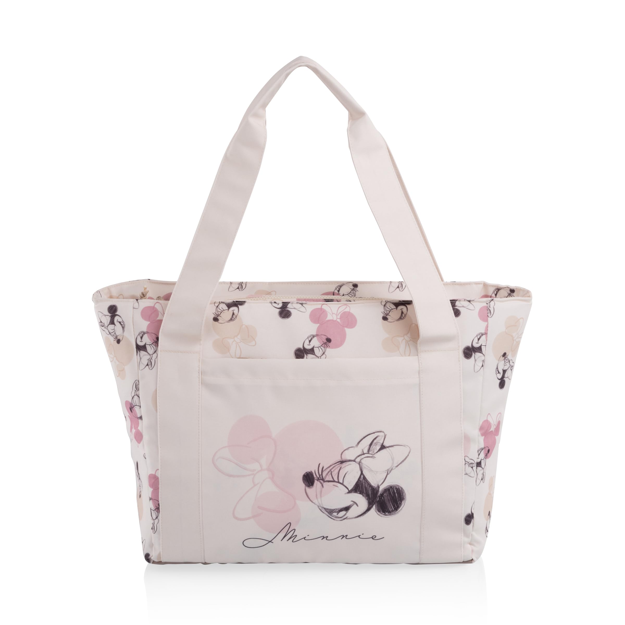PICNIC TIME Disney Minnie Mouse Topanga Tote Cooler Bag 2.0, Insulated Soft Cooler Tote with Zipper Closure and Exterior Pocket for Picnic and Beach, (Beige with Vintage Pink Sketch)
