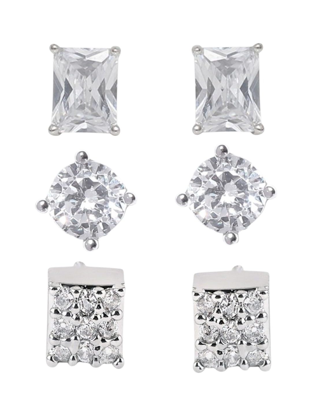 oomph Jewellery Combo of 3 Silver Stud Earrings For Men Stylish - Solitaire Cubic Zirconia - Small Square, Round & Rectangle Shape-picture-30