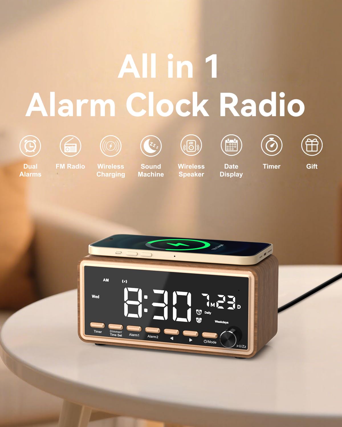 WamGra Radio Réveil Numérique, Chargeur sans Fil, Enceinte Bluetooth FM | Vintage Réveil Matin en Bois, Double Alarme, Machine Bruit Blanc Adulte Bébé, Idée Cadeau Homme Femme Père Anniversaire