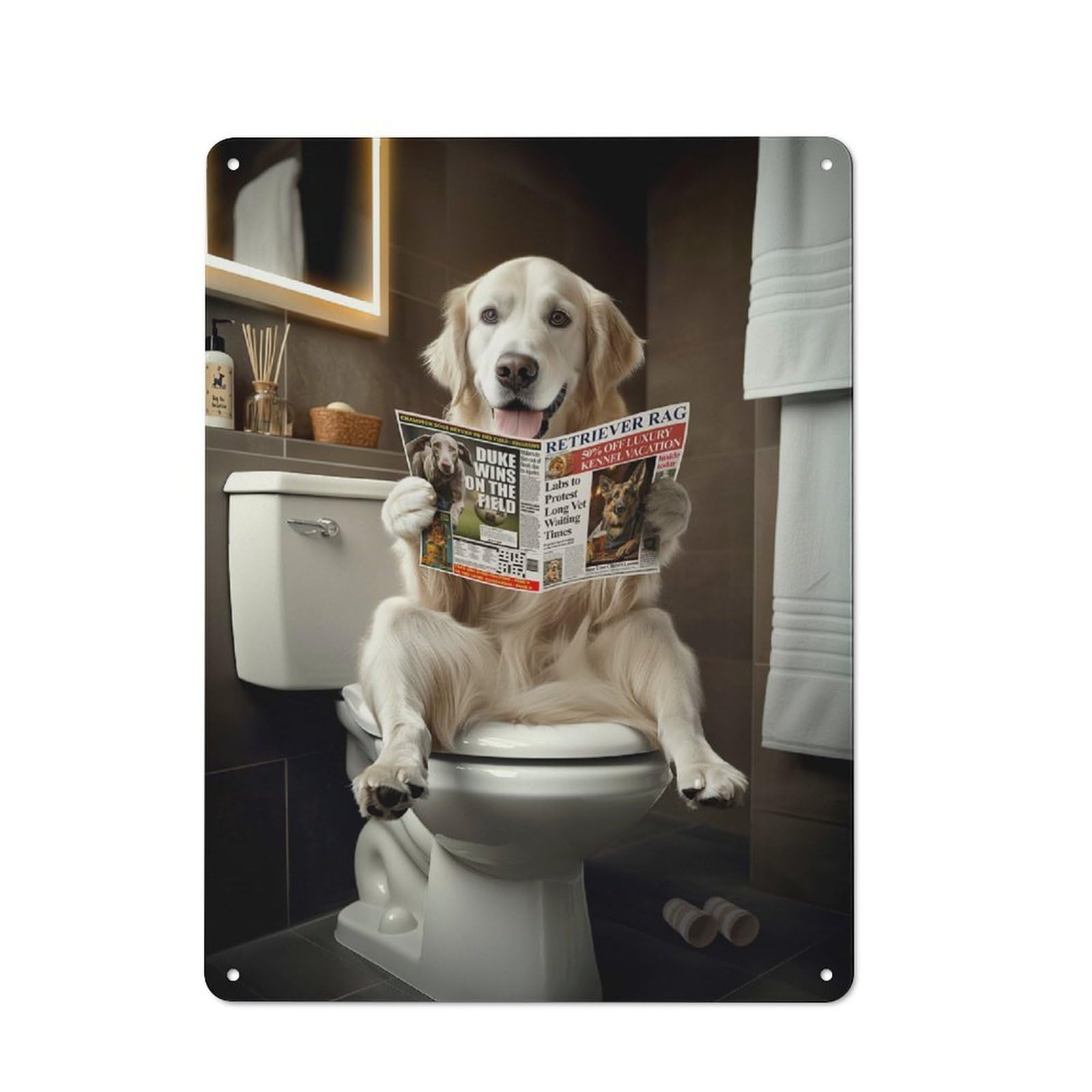 Junmoney English Retriever Reading On Toilet Industrial-Style Metal Sign 40X30cm For Home Bar Wall, Housewarming Wall Decor For People Furnishing Home Bar