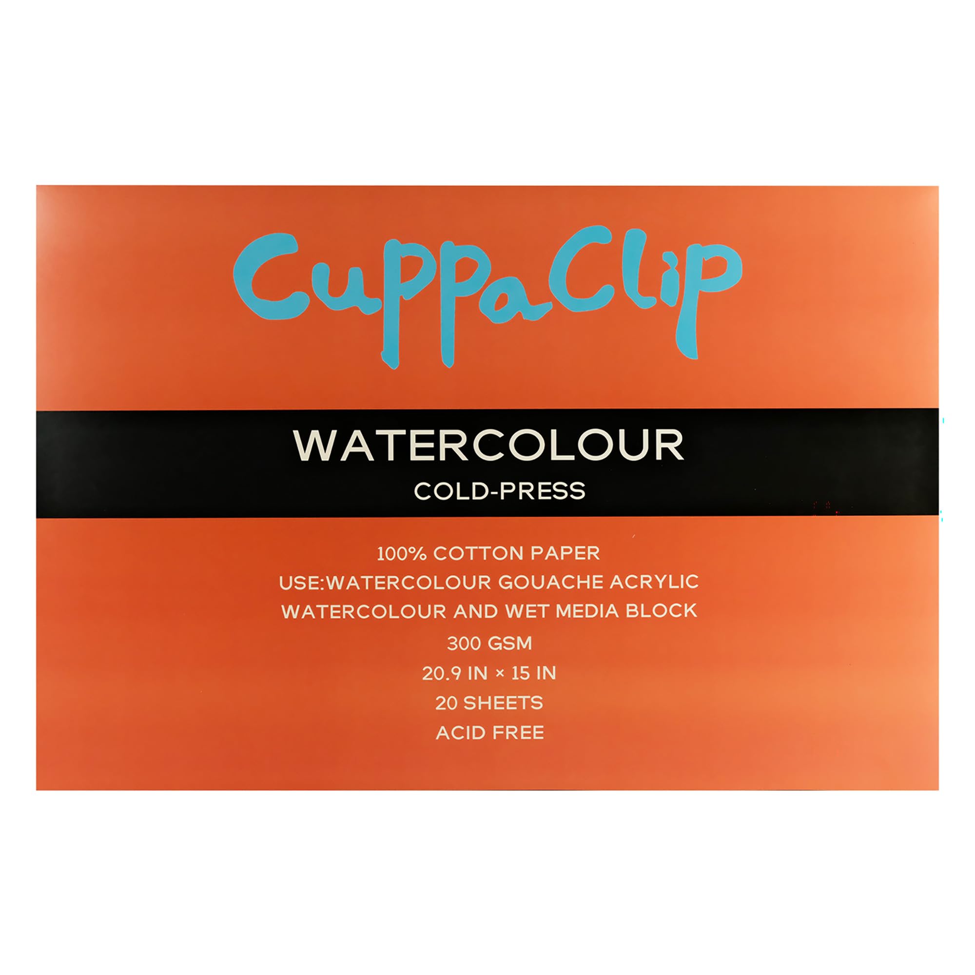 CuppaClip Watercolor Paper Block Pure Cotton Art Paper Pad 300GSM(140LB) Acid-Free 20 Sheets Watercolor Art Supplies (Cold Press, 20.9×15in)