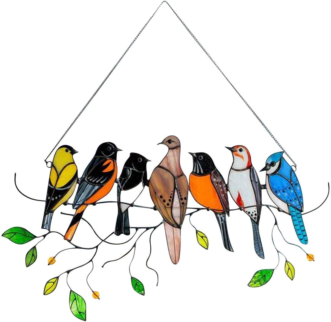 Multicolor Birds on a Wire High Stained Plexiglass Suncatcher Window Panel, Pendant Home Decoration Bird Series Ornaments, Hanging for Windows Doors Home Decoration (7 Birds)