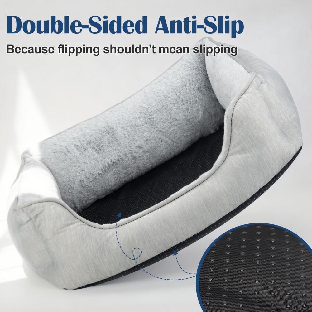 Dog Bed for Large Medium Dogs with Cool to Touch Fabric， Soft Calming Cat Beds for Indoor Cats， Reversible Square Pet Bed for Puppy, Machine Washable Non-Slip Bottom L