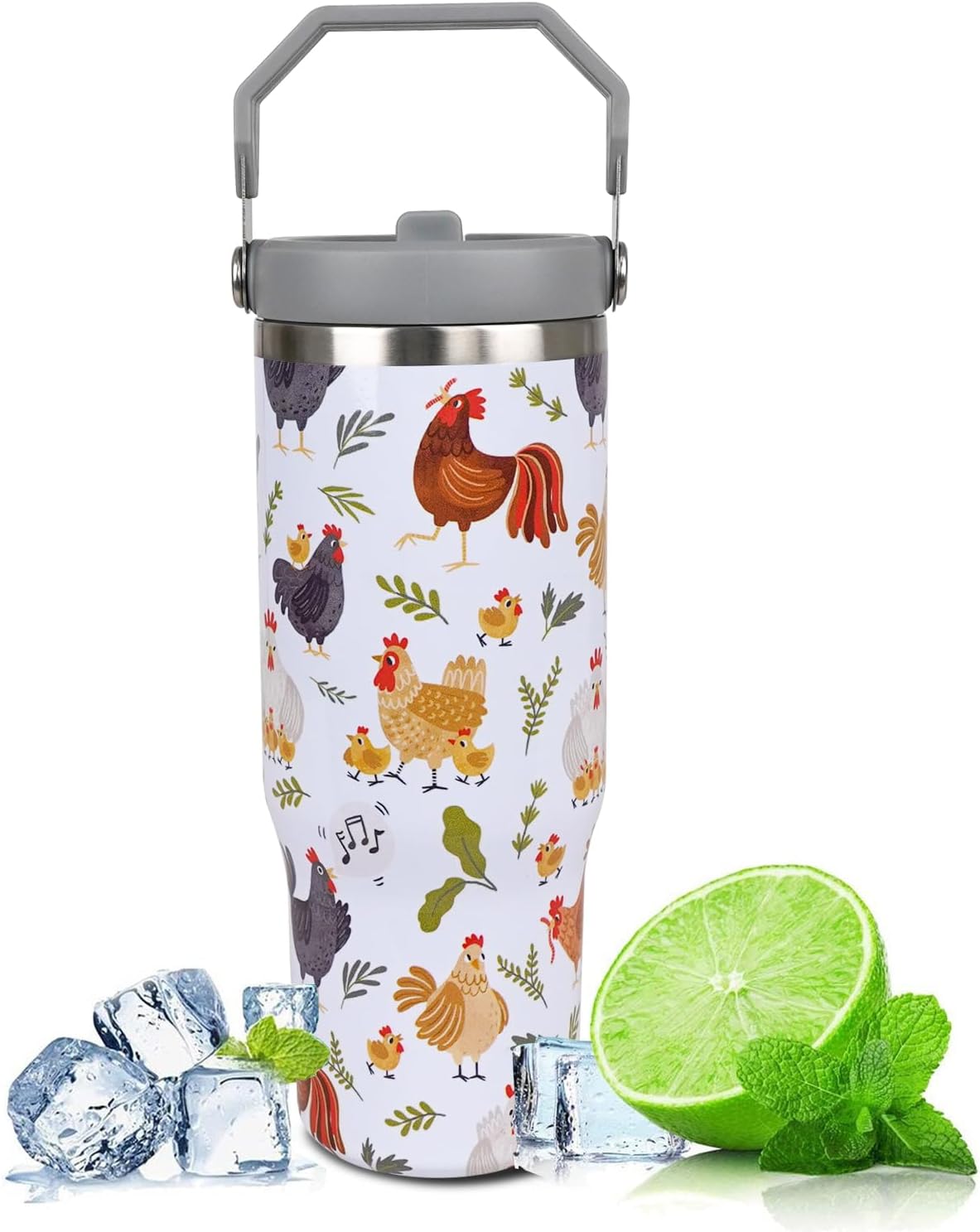 Heqianco Chicken Gifts for Women 30 oz Chicken Tumbler with Handle Coffee Cup Tumblers with Flip Straw and Top Handle