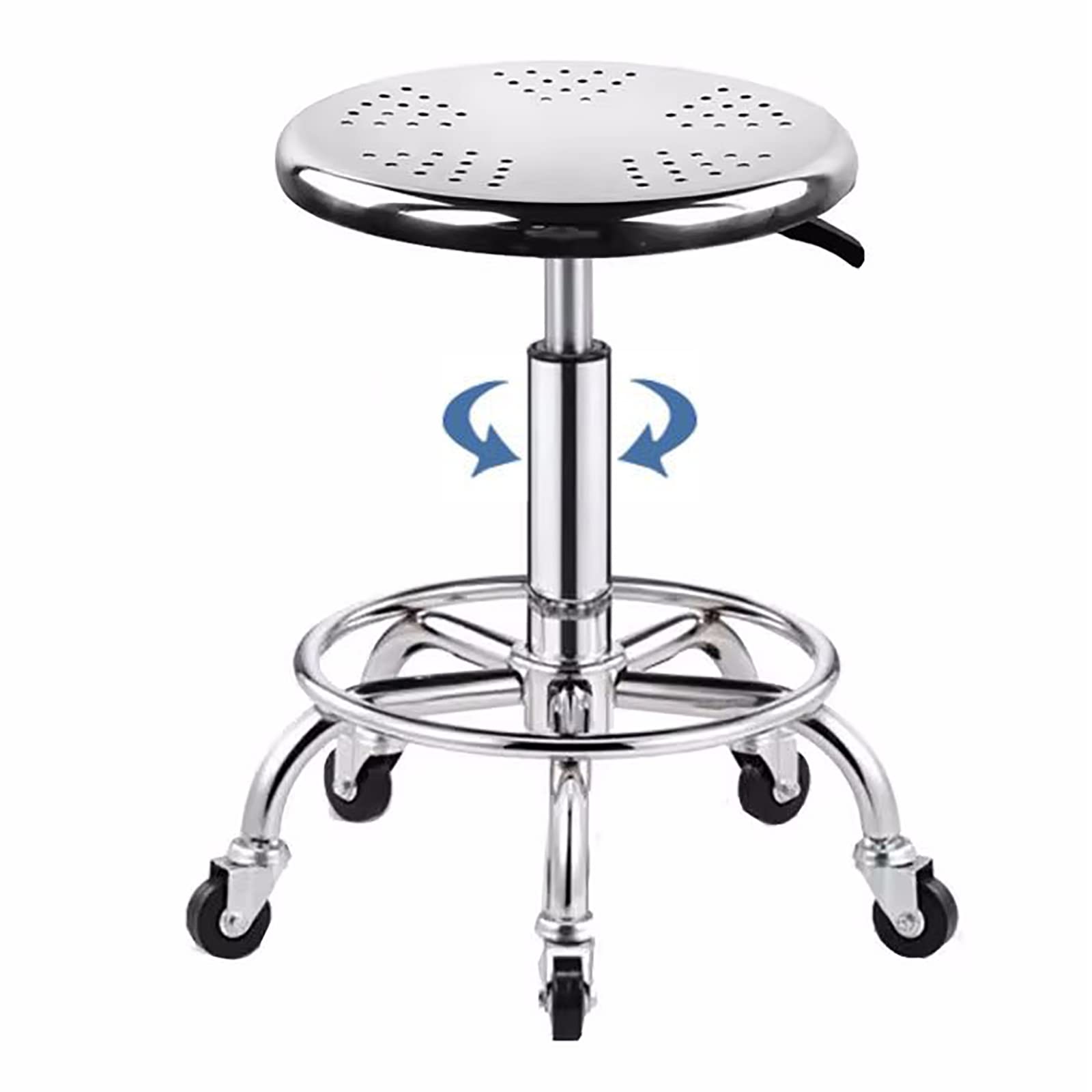 Taburete rodante redondo resistente, acero inoxidable 304, capacidad de peso de 480 libras, altura ajustable de 16.5 a 22.1 pulgadas